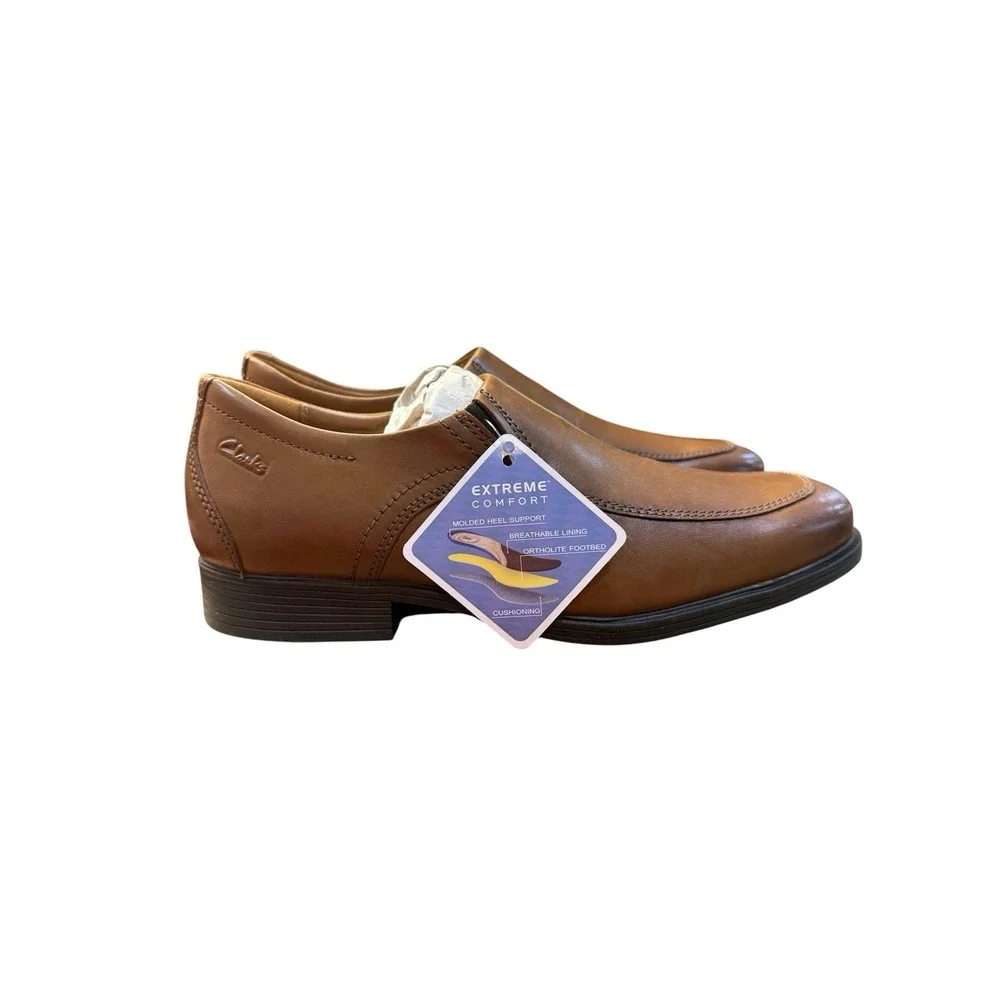 Clarks Mens Whiddon Step Dark Tan Leather Loafers Shoes 10.5 Wide Slip On